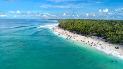 Vue aérienne d'une plage tropicale bordée de palmiers et d'une eau turquoise